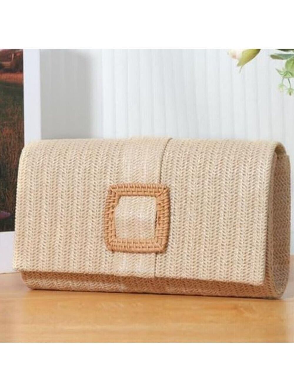 Woven Straw Clutch Purse Rattan Beach Evening Handbag Women Beige